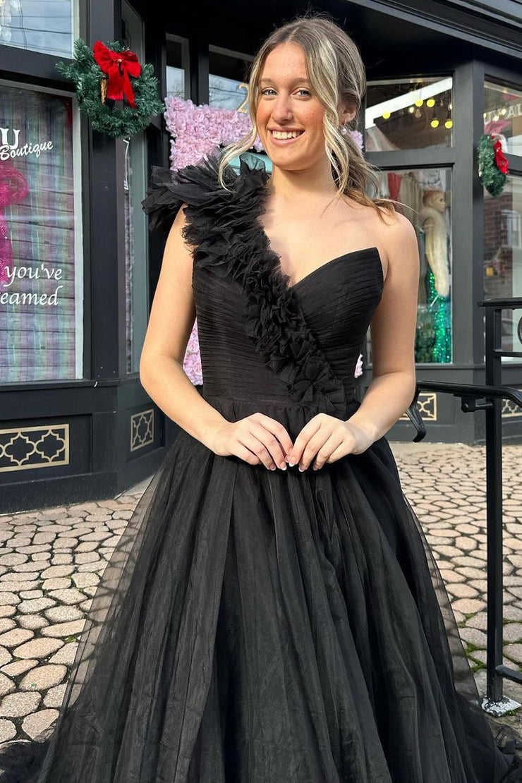 Black A Line One Shoulder Tulle Long Prom Dress, PD25616