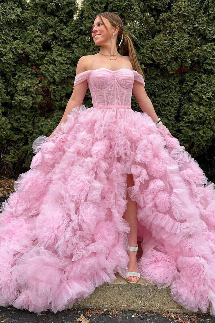 Pink Tulle Ruffle Tiered Off the Shoulder Long Prom Dress, PD25437