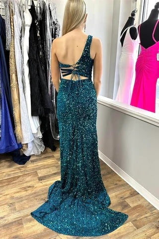 Turquoise One - Shoulder Sequin Keyhole Long Prom Dress with Slit, PD25656