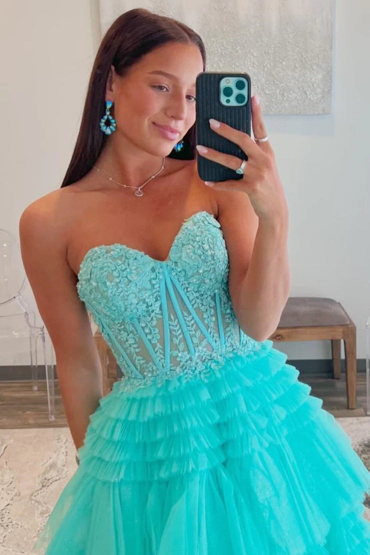 Aqua Blue A-Line Tulle Appliques Ruffle Long Prom Dress | JLDressCA Aqua Blue A-Line Tulle Appliques Ruffle Long Prom Dress | JLDressCA