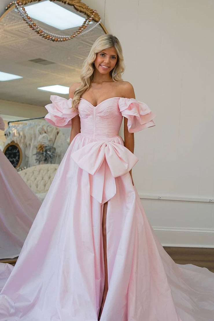 Pink Satin Sweet Ball Gown Off the Shoulder Prom Dress with Bow, PD25386