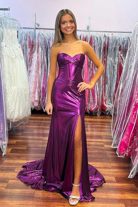 Purple Sweetheart Mermaid Metallic Satin Long Prom Dress with Slit, PD25778