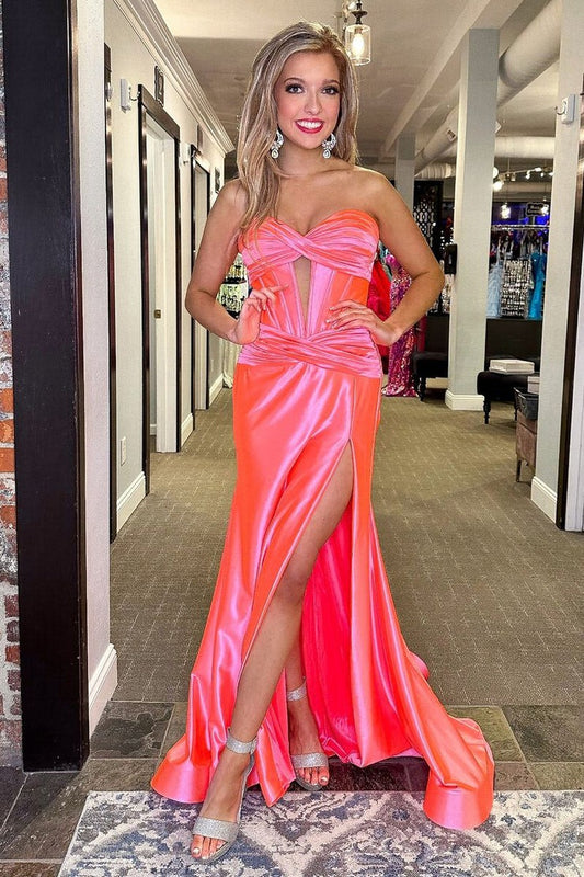 Pink Sweetheart Satin Mermaid Long Prom Dresses with Slit, PD25477