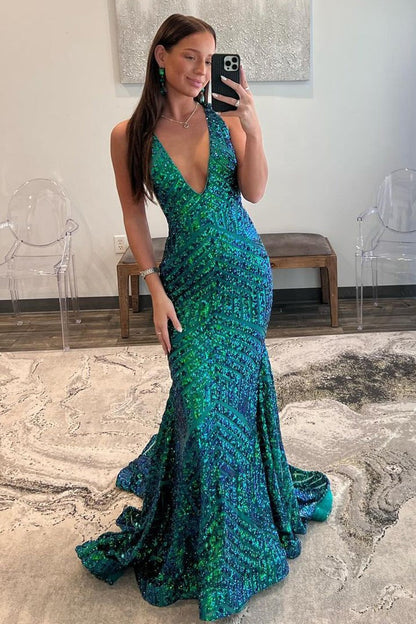 Green V Neck Sequins Mermaid Long Prom Dress, PD25705