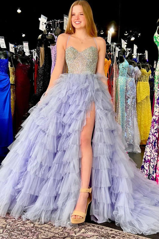 Lilac Tulle Sweetheart Ruffle Tiered Long Prom Dresses with Beads, PD25528