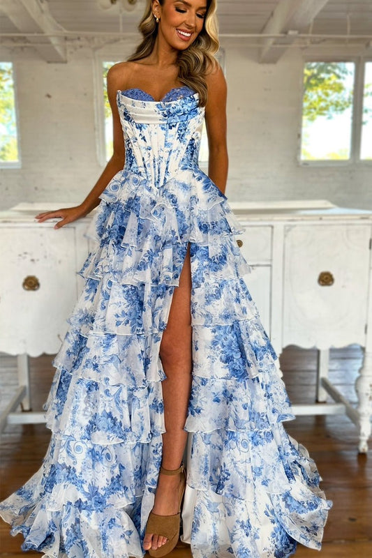 A Line Sweetheart Floral Tiered Chiffon Prom Dress with Slit, PD25586