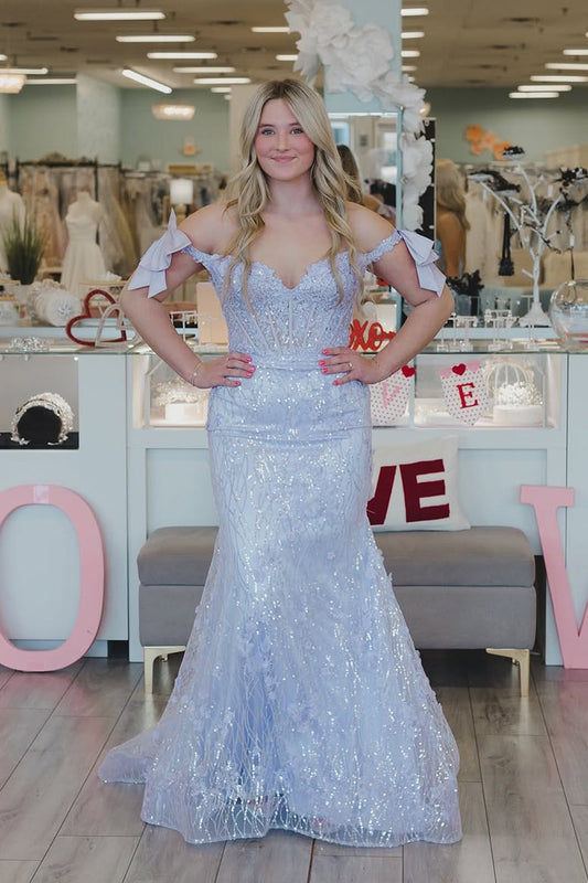 Lilac Off the Shoulder Mermaid Sequins Long Prom Dress, PD25816