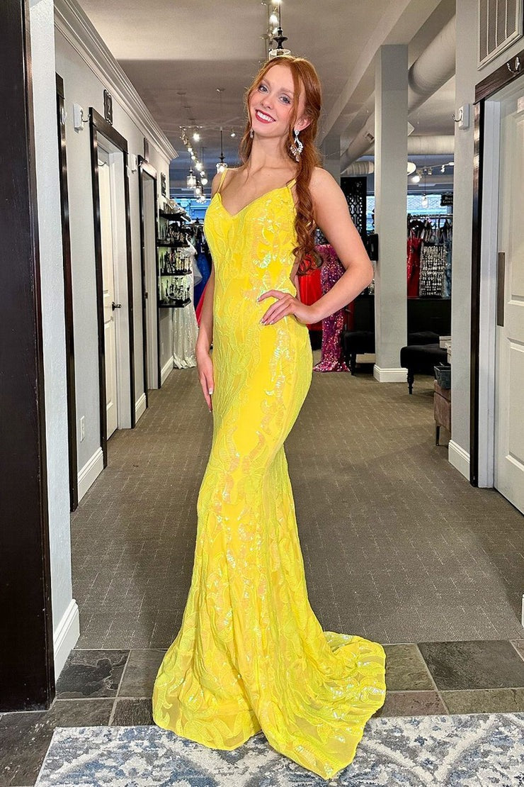 Yellow Sequins Lace Cute V Neck Mermaid Long Prom Dress, PD25415