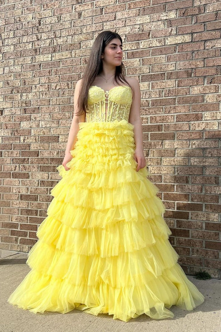 Yellow Tulle Tiered Sweetheart Long Prom Dress with Appliques, PD25358