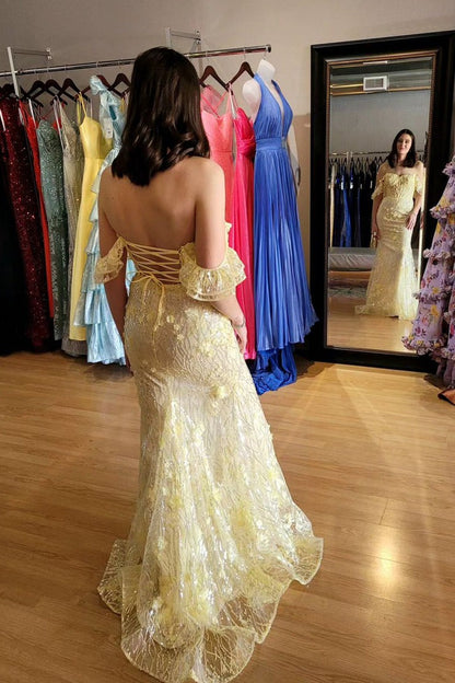 Off the Shoulder Mermaid Yellow Sequin Appliques Long Prom Dresses, PD25165