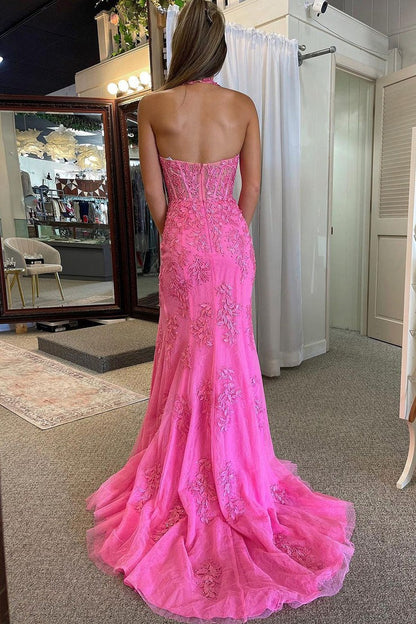V Neck Mermaid Pink Lace Long Prom Dresses with Appliques, PD25010