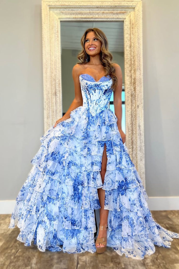 A-Line Chiffon Ruffle Sweetheart Floor Length Prom Dress With Slit Slate Blue