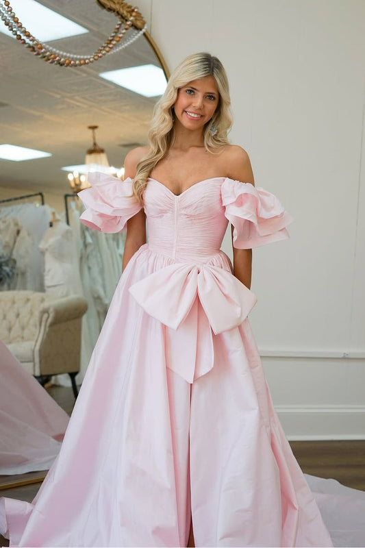 Pink Satin Sweet Ball Gown Off the Shoulder Prom Dress with Bow, PD25386