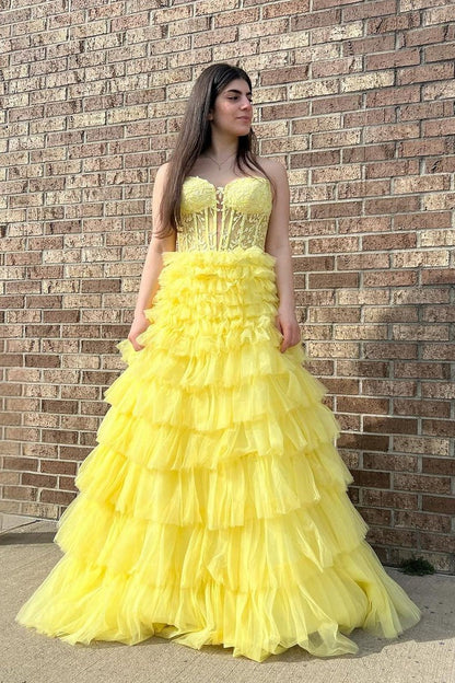 Yellow Tulle Tiered Sweetheart Long Prom Dress with Appliques, PD25358