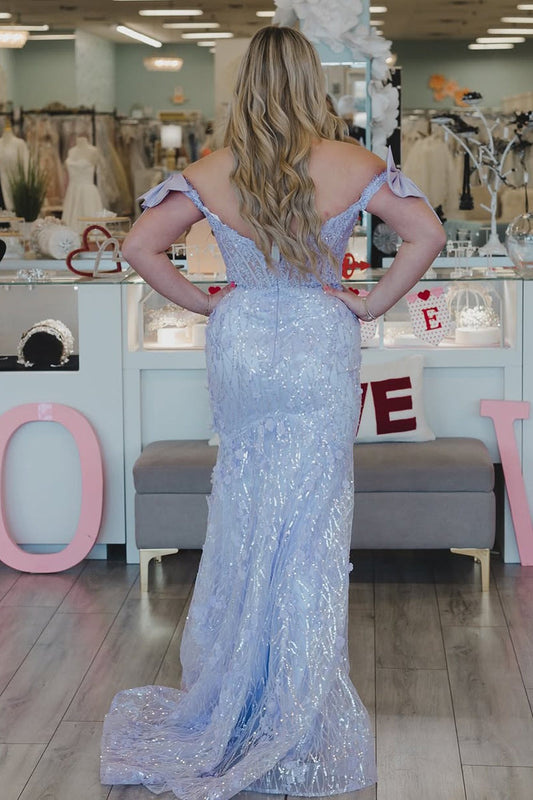Lilac Off the Shoulder Mermaid Sequins Long Prom Dress, PD25816