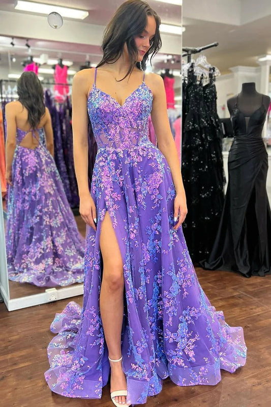 Purple Sequins Lace V Neck Long Prom Dresses with Slit, PD25467
