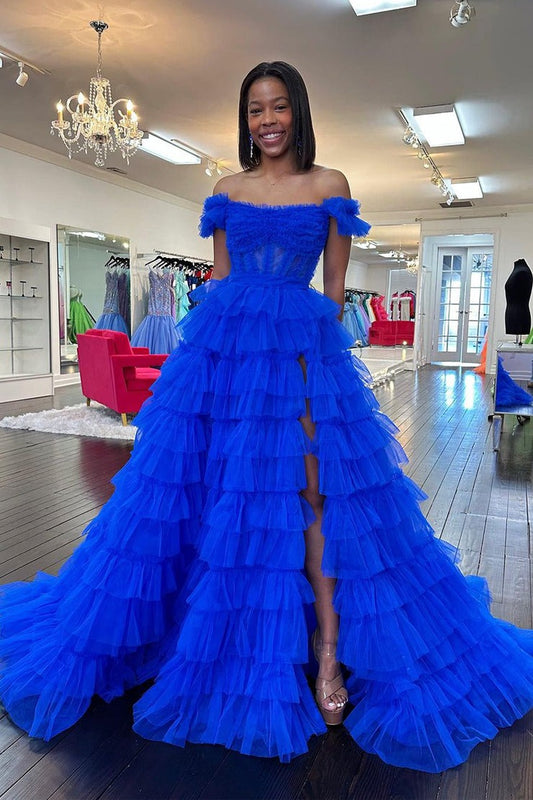 Off the Shoulder Royal Blue Tiered Tulle Long Prom Dress, PD25459