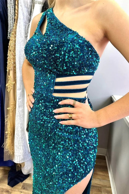 Turquoise One - Shoulder Sequin Keyhole Long Prom Dress with Slit, PD25656
