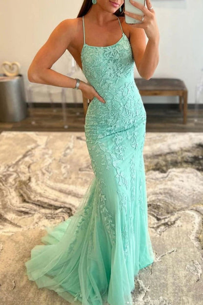 Mint Aqua Scoop Neck Mermaid Lace Long Prom Dress, PD25767