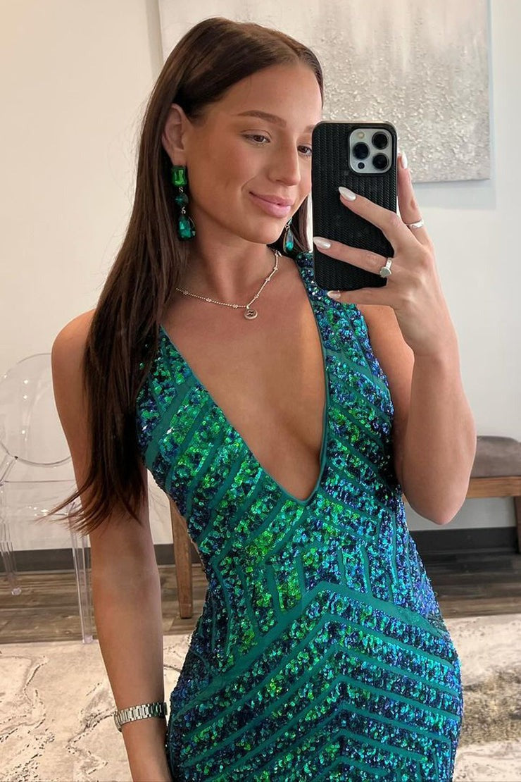 Green V Neck Sequins Mermaid Long Prom Dress, PD25705