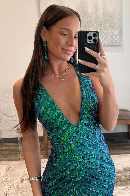 Green V Neck Sequins Mermaid Long Prom Dress, PD25705