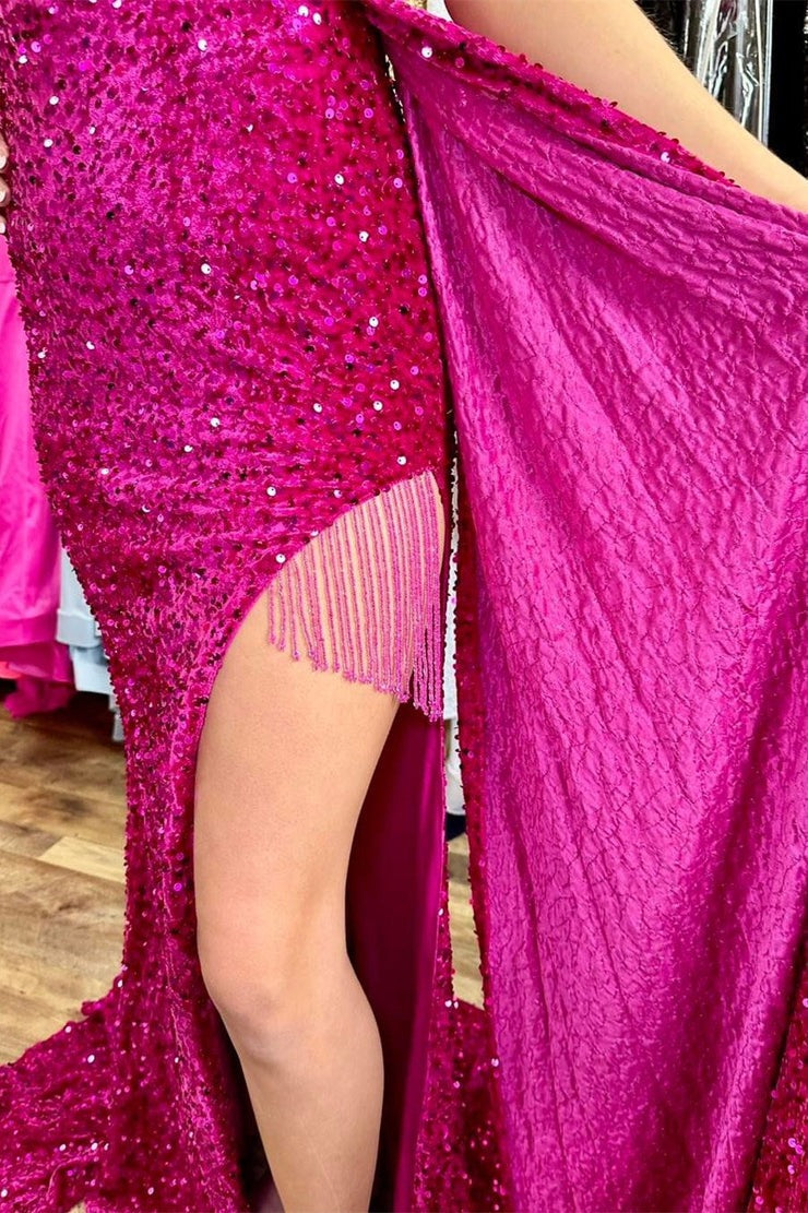 Magenta Off-the-Shoulder Mesh Sequin Long Prom Dress with Slit, PD25686