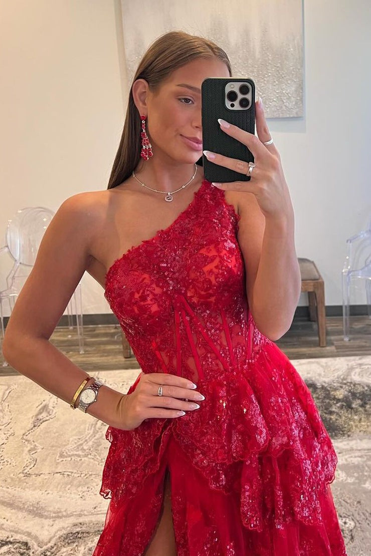 Red One Shoulder A-line Lace Appliques Long Prom Dress, PD25697
