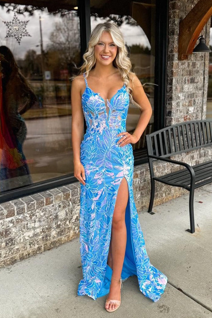 Stunning Light Blue Mermaid V-Neck Sequin Lace Long Prom Dress | JLDressCA