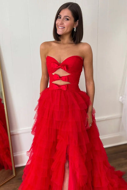 Red A - Line Sweetheart Ruffle Tulle Long Prom Dresses, PD25547