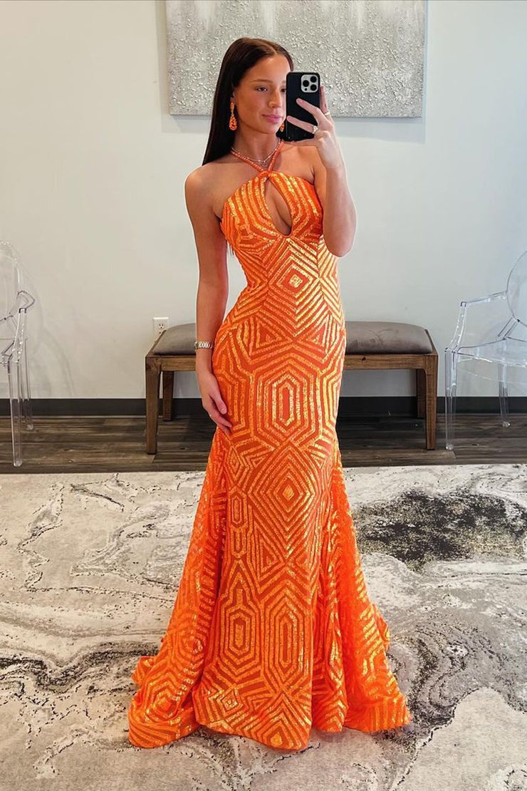 Orange Sequins Mermaid Halter Long Prom Dress, PD25378