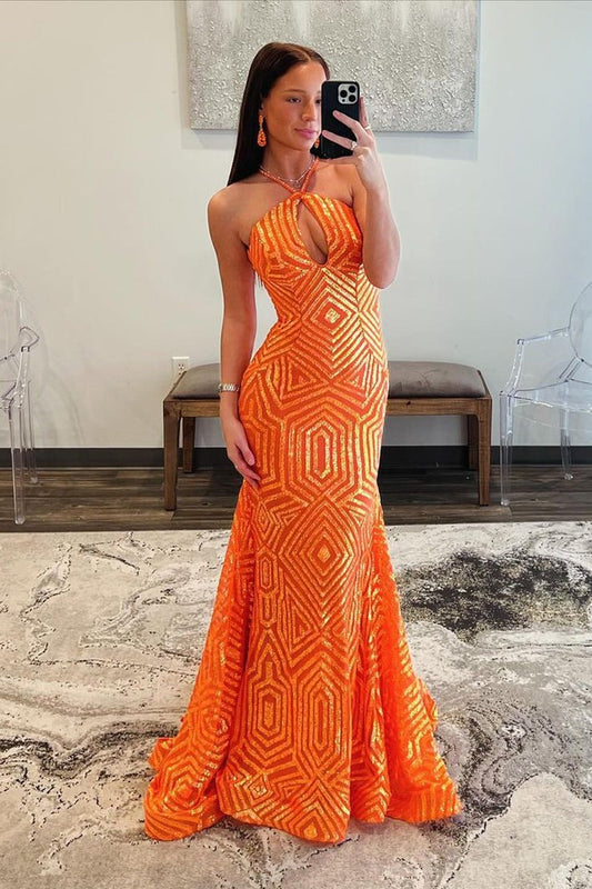 Orange Sequins Mermaid Halter Long Prom Dress, PD25378