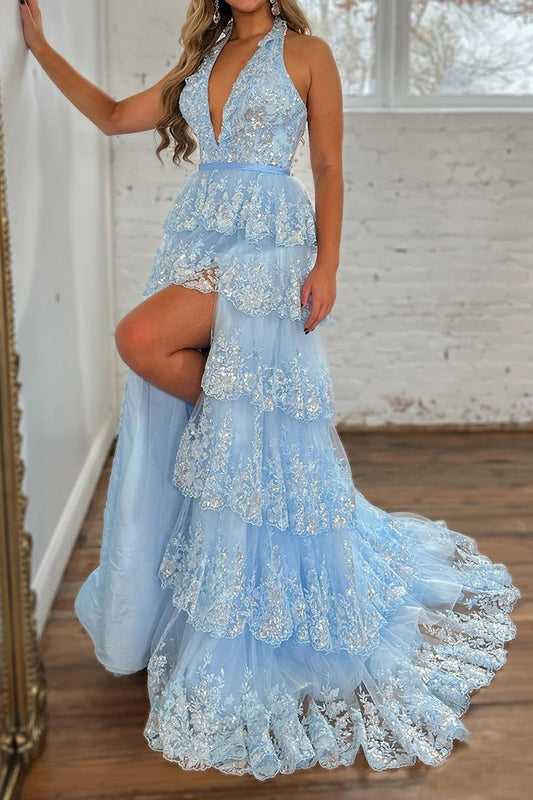 Sparkly Light Blue Halter Backless Lace Tiered Long Prom Dress with Slit, PD25646
