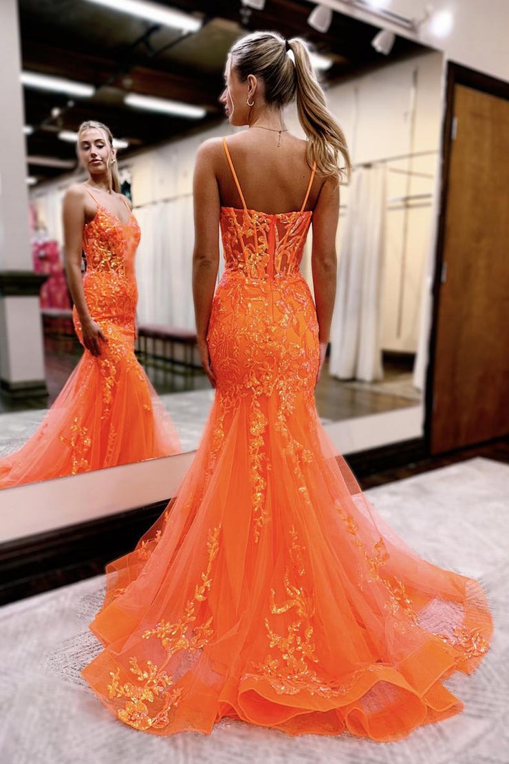 Orange Sequins Mermaid V Neck Long Prom Dresses, PD25242