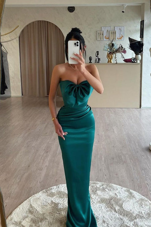 Stunning Dark Green Long Mermaid V-neck Satin Prom Dresses main image 1