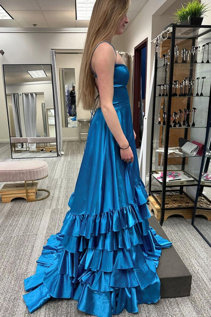 Peacock Blue Ruffle A-Line Scoop Neck Long Prom Dress, PD25282
