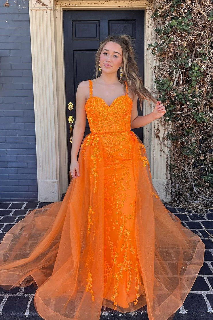 Orange Mermaid Sweetheart Tulle Long Prom Dresses with Appliques, PD25608
