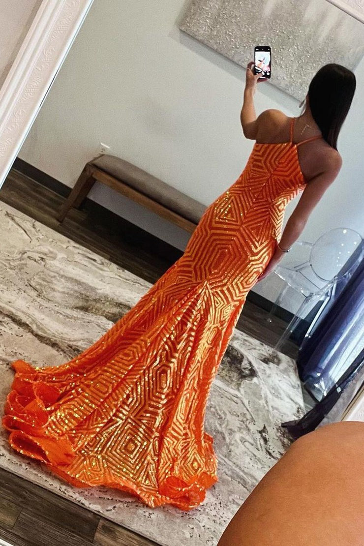 Orange Sequins Mermaid Halter Long Prom Dress, PD25378