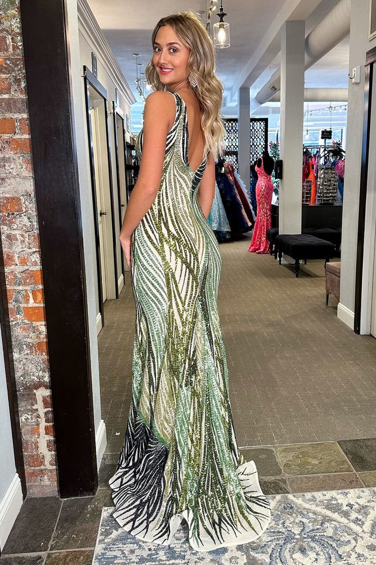 Sage Mermaid V Neck Sequin Lace Long Prom Dress, PD25626