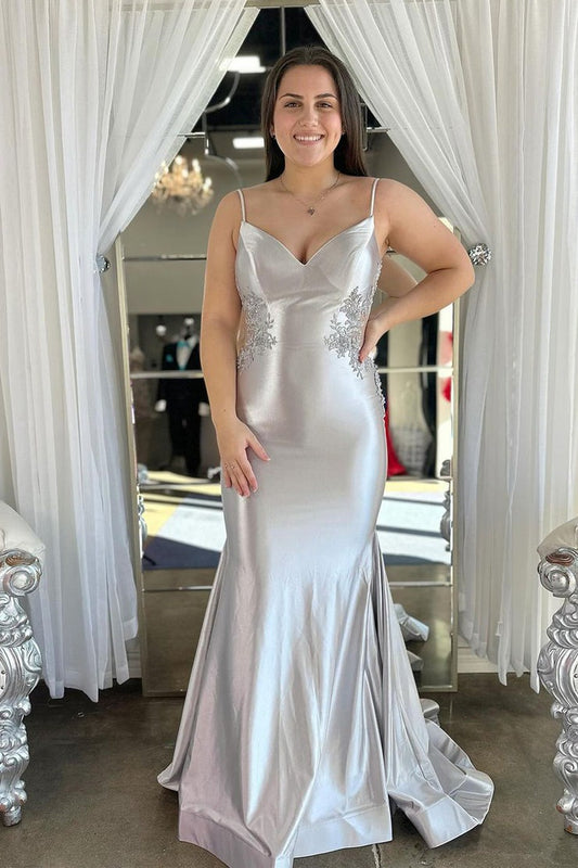 Silver Mermaid V Neck Satin Long Prom Dresses, PD25537