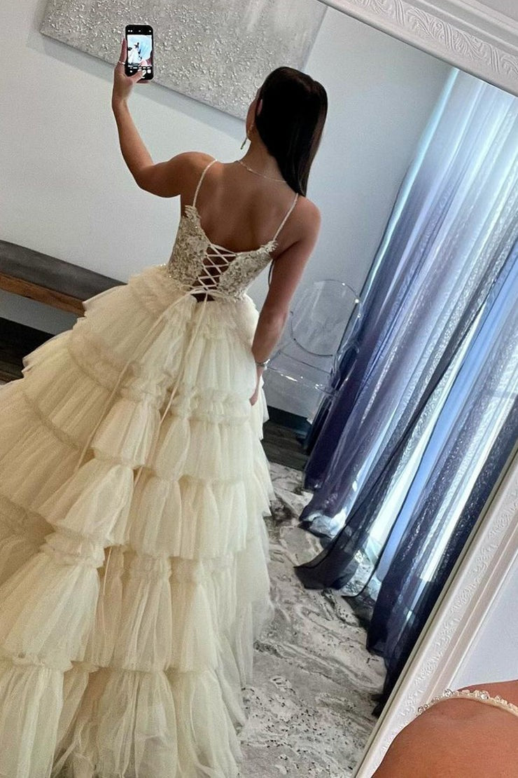 Champagne V Neck Tiered Tulle Long Prom Dress with Appliques, PD25487