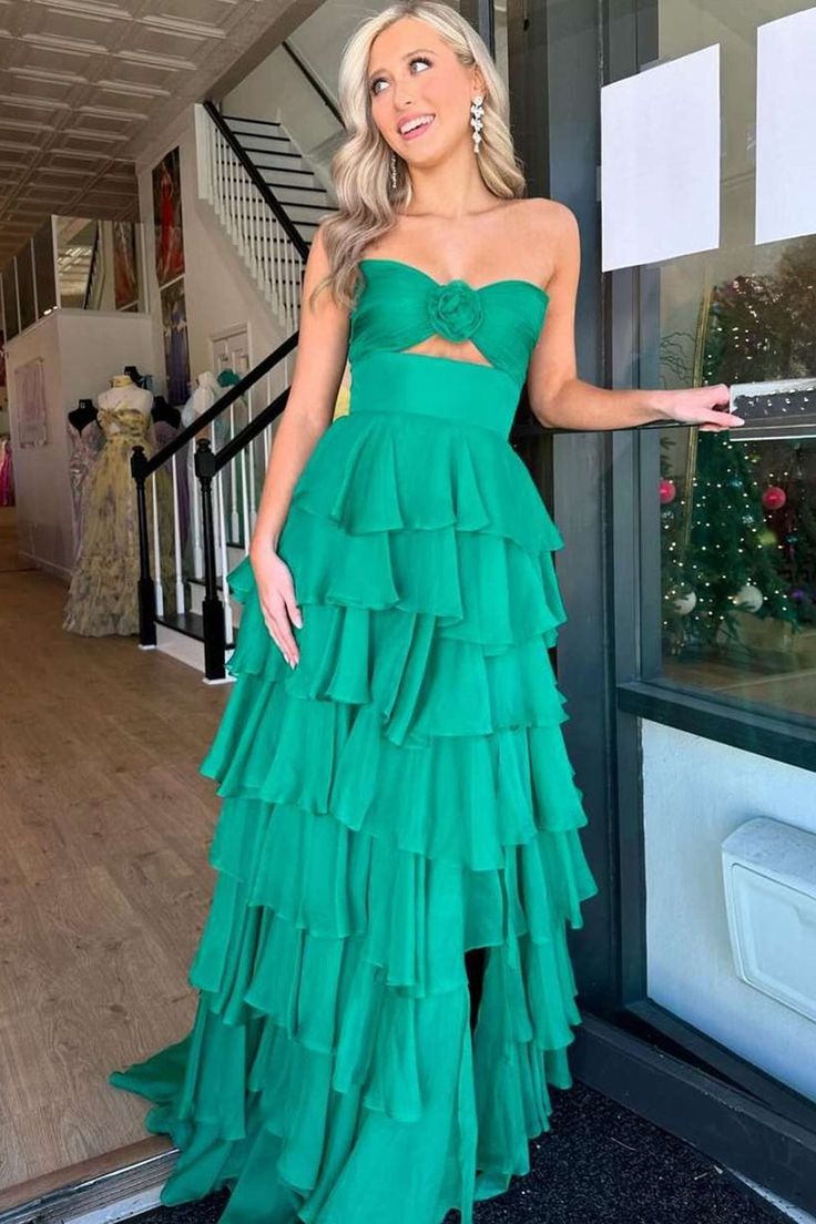Green A - Line Sweetheart Tiered Chiffon Cute Prom Dress, PD25565