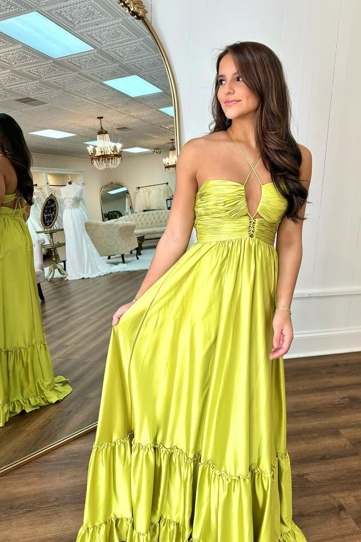 A-Line Halter Satin Keyhole Long Prom Dress, PD25428