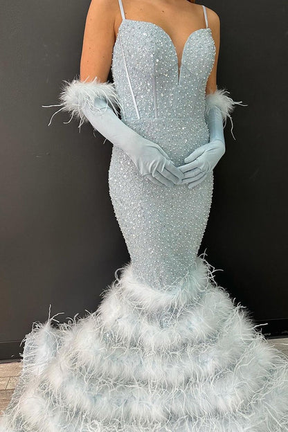 Light Blue Sequins Mermaid V Neck Long Prom Dress with Feather, PD25368