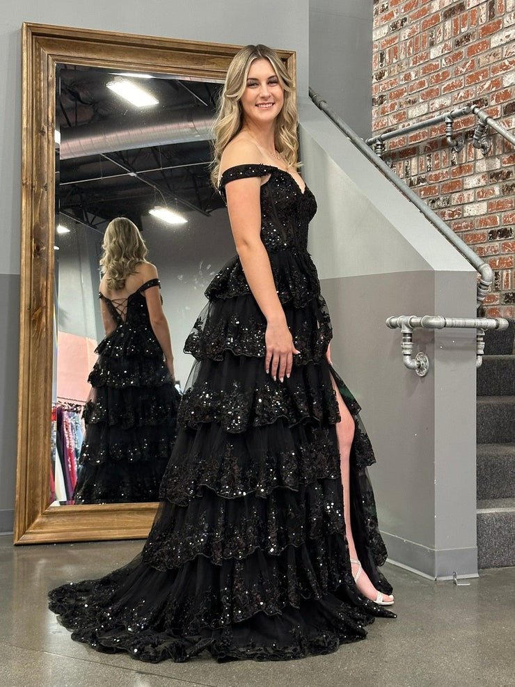 Elegant Grey Tulle Off-the-Shoulder Ruffle Tiered Long Prom Dresses | JLDressCA Elegant Grey Tulle Off-the-Shoulder Ruffle Tiered Long Prom Dresses | JLDressCA