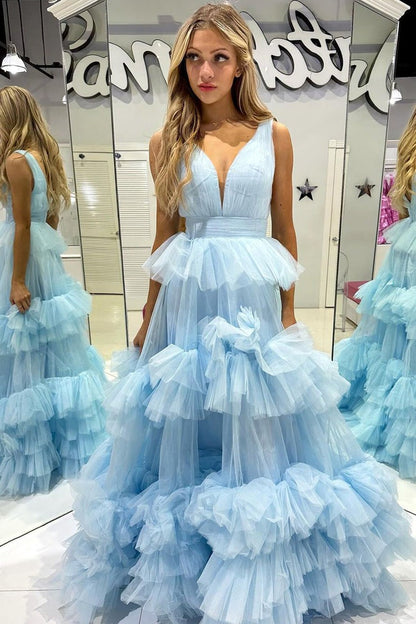 Tulle Ruffle Tiered A-Line V Neck Long Prom Dress, PD25416