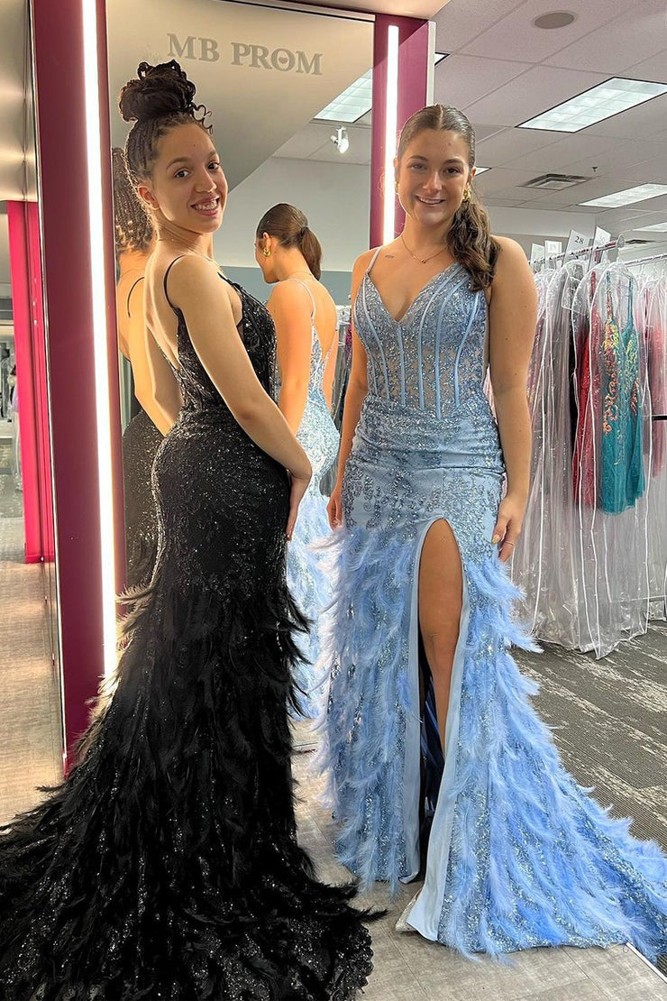 Black V Neck Mermaid Sequin Lace Long Prom Dress, PD25786