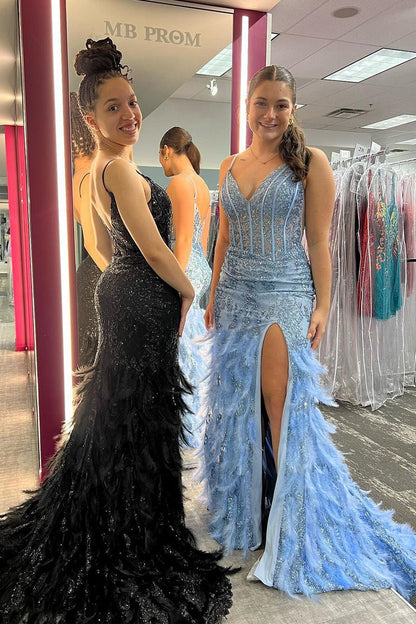 Black V Neck Mermaid Sequin Lace Long Prom Dress, PD25786