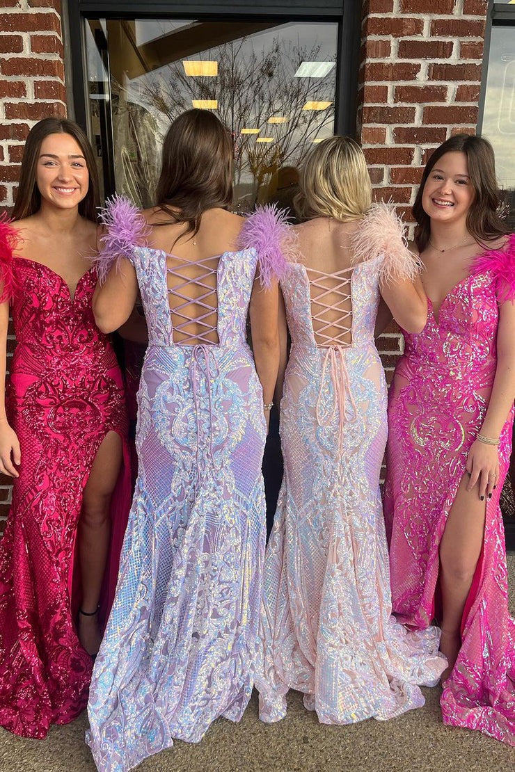 Sequins Lace Mermaid Off the Shoulder Long Prom Dress with Feather, PD25617