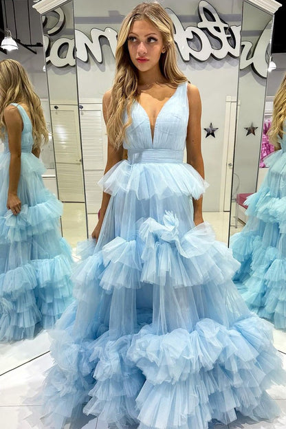 Tulle Ruffle Tiered A-Line V Neck Long Prom Dress, PD25416