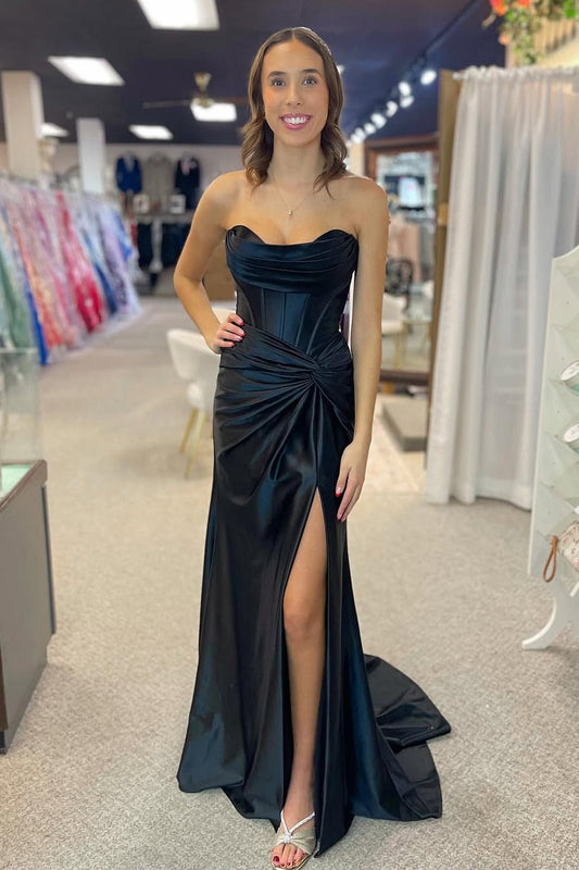 Black Sweetheart Mermaid Satin Slit Prom Dress, PD25749